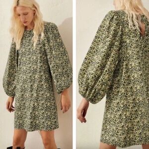H&M Women Sz M Black Floral Satin Long Puff Sleeve Tie Back Neck Shift Dress